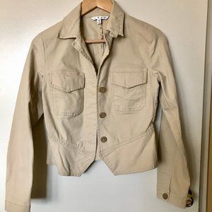 CAbi Beige Cropped Button-Front Jean Jacket